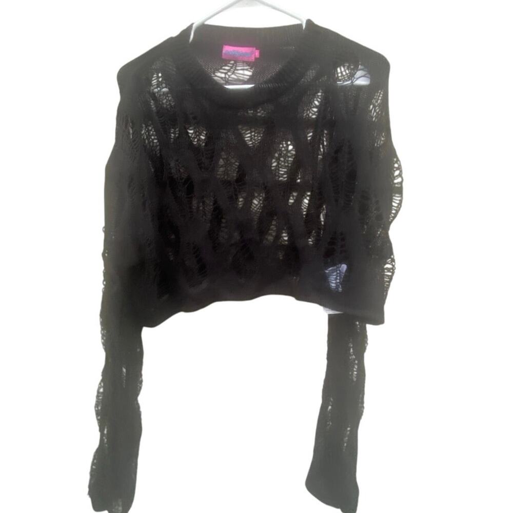 Edikted Black Sheer Knit Mesh Cropped Sweater Top Long Sleeve Y2K Clubwear